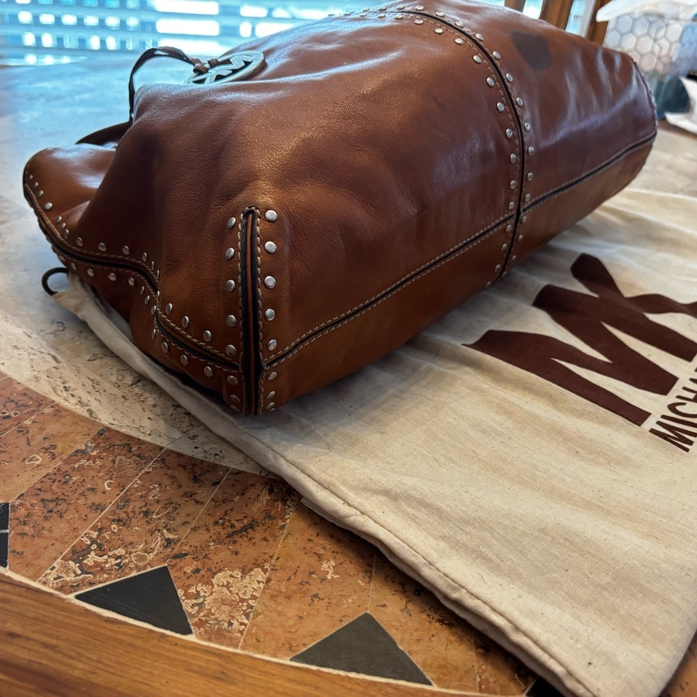 Michael Kors Brown Leather Studded Tote • Soft Leather • MK Charm - Picture 7 of 9